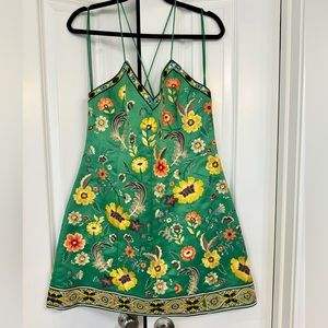 Green embroidery silk structured mini dress.  Perfect holiday dress!